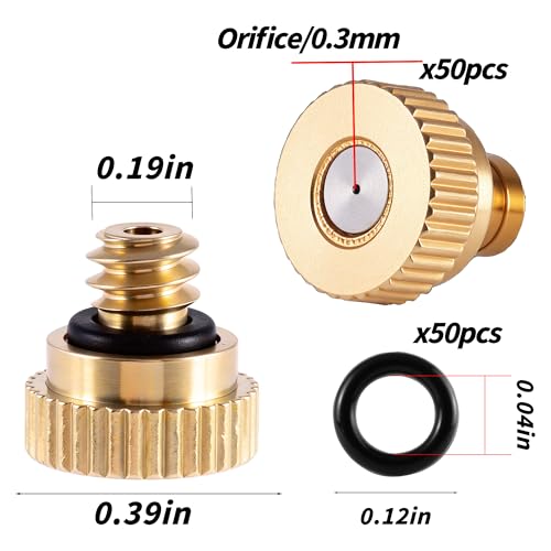 50 Pack Brass Misting Nozzles with 50Pc Misting Nozzles O Ring (50pc 0.3mm-Misting Nozzle With O Ring)