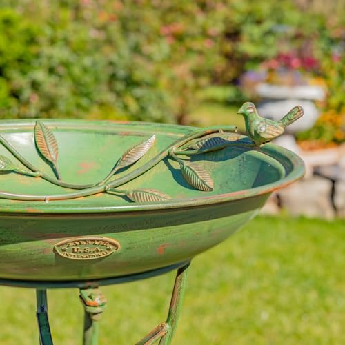 Deep Well Made Metal Birdbath with 2 Cast Iron Birds and Leaf Decoration (Verdi Green)