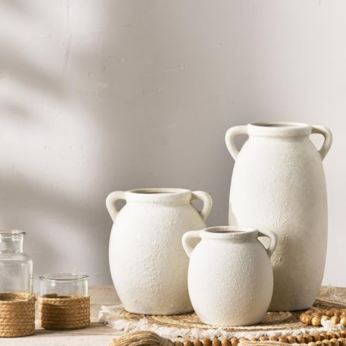 Ceramic Flower Vase 7.6 inch Farmhouse Rustic Vase Decorative Pottery Terracotta Vases for Home Decor Table Mantle Fireplace Living Room Bathroom Wedding Centerpiece (M-antique Off White)