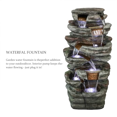 48" High 7 Tiers Cascading Rock Outdoor Water Fountain with LED Lights (48inch / Gray_6)