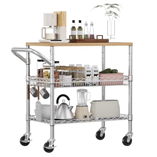 3 Tier Rolling Kitchen Carts with Wheels (Light Wood+metal-3 Tier)