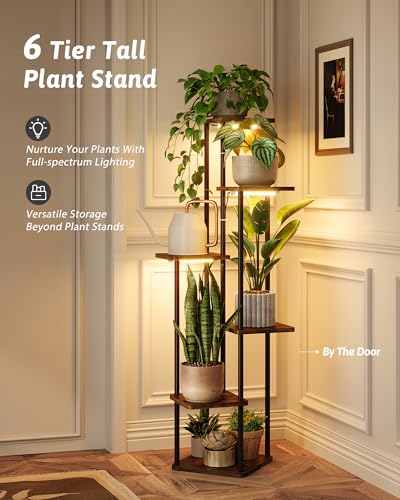 Plant Stand Indoor with Grow Lights Corner Plant Stand (Brown Oak Pro 6 Tier)