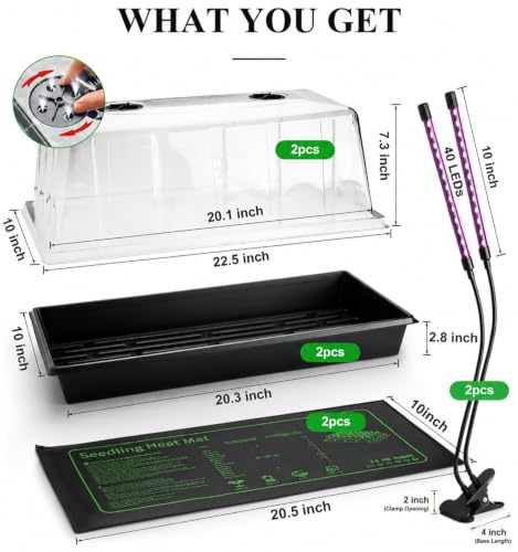 2 Pack 1020 Seed Starter Trays with Heat Mat and Clip (2p 1020Trays+7.3''Domes+Heat Mats+Lights)