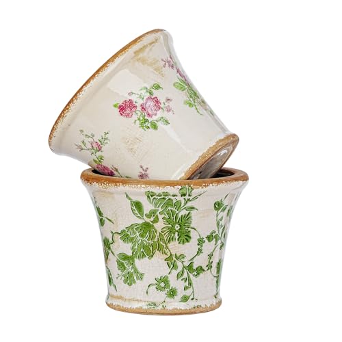 Ceramic Flower Pots (Round - 2pcs - Green & Pink)