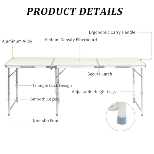 6.0 Ft Folding Portable Camping Table (White / 6 FT)