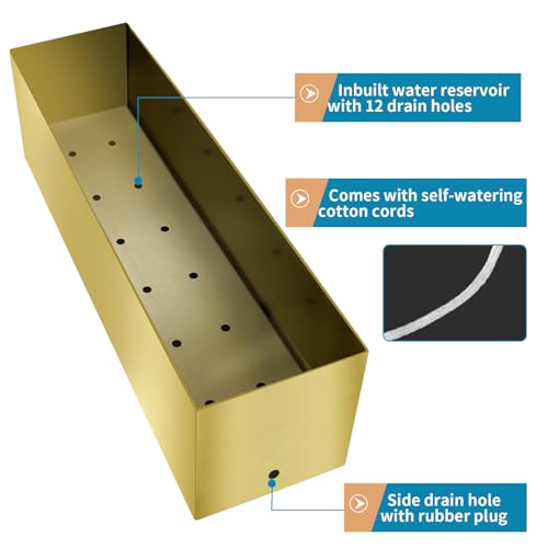 17" Large Stainless Steel Planter Box with Drain Holes and Water Reservoir (Gold)