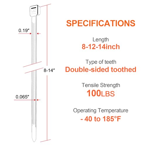 Zip Ties Assorted Size (8+12+14 Inch V Shaped 1000Pack（100 Lbs）)