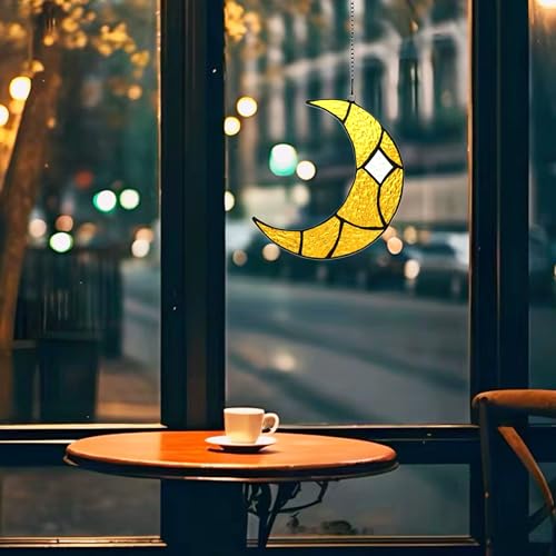 Yellow Moon Stained Glass Window Haninging Handcrafted Art Suncatchers (Yellow Moon)