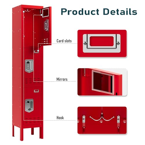 Metal Lockers (Red / 3 Door-(66.15" H x 11.8" W x 11.8" D))