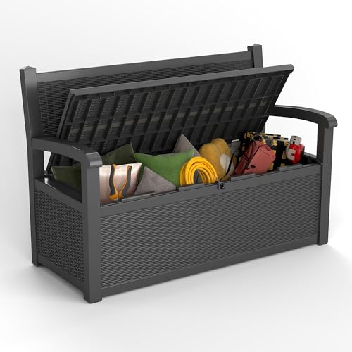 80 Gallon Outdoor Storage Bench Lockable Deck Box Outdoor Storage Box Waterproof for Patio (Black Pattern / 80 Gallon)