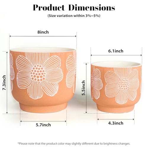 Ceramic Plant Pots (8+6 Inch / Modern Orange Floral)