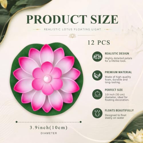 12 Pcs 3.94 in Floating Lotus Lights with Battery (10 cm/ 3.94 inches and 15 cm/ 5.91 inches / pink, green)