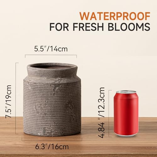 Ceramic Flower Vase 7.5 inch Farmhouse Rustic Vase for Home Decor Handcrafted Pottery Terracotta Vases for Dining Table Decor Fireplace Living Room Bathroom Wedding Centerpiece (01-m-dark Gray)