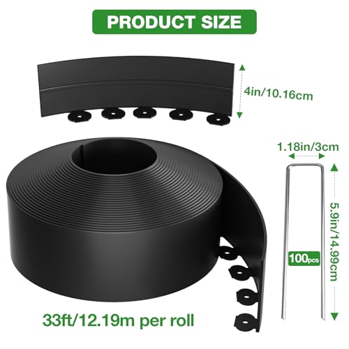 4in Tall 66ft Landscape Edging Kit with 100pcs Metal Spikes (Black / 4in*66ft)