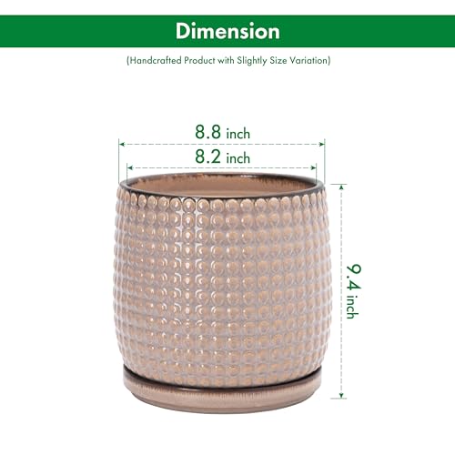 Beaded Ceramic Pot with Saucer (8.8 Inch / Light Brown)