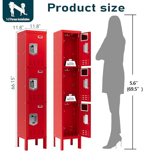 Metal Lockers (Red / 3 Door-(66.15" H x 11.8" W x 11.8" D))