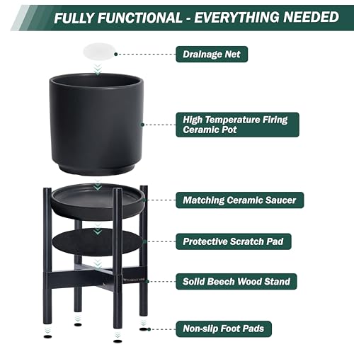 Ceramic Pot with Ebony Wood Stand (14 Inch / Black Pot + Ebony Stand)