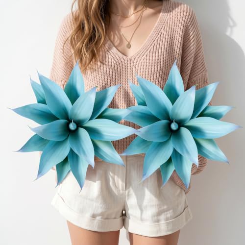 2-Pack 13-Inch Artificial Agave Plants for Outdoor Planters, UV Resistant Fake Agave Plants, Faux Succulent Greenery for Porch, Patio, Garden, Entryway and Indoor Decor, Blue (Agave12-blue2)