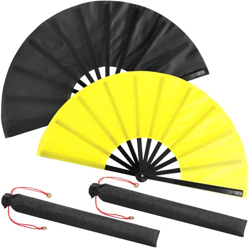 2 Packs Large Folding Hand Fans (Black and Yellow)