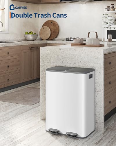 2 x 8 gal Stainless Steel Double Trash Can with Lid for Kitchen (Grayish-White / 2 x 8 Gallon)