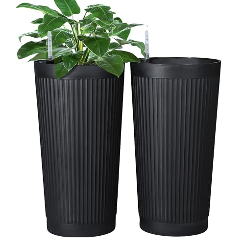 Self Watering Tall Planters Set of 2 (Black-round Ribbed)