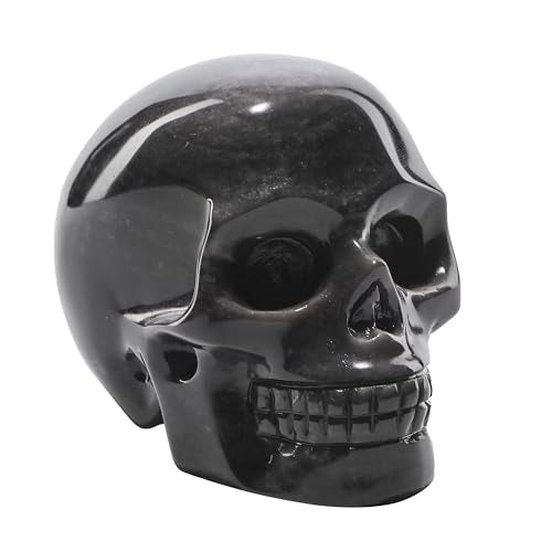 5''Natural Silverstone Obsidian Crystal Skull Head Hand Carved Reiki Healing Stone Statue Healing Home Office Art Room Decoration (Silverstone Obsidian / 5inch)