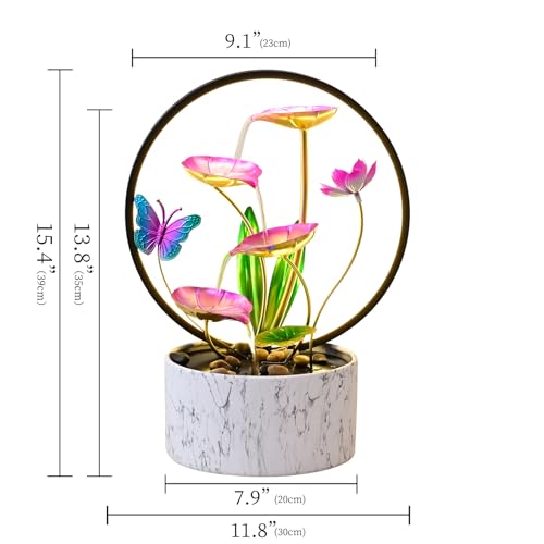 15 Inch H Tabletop Zen Water Fountain with LED Light (Pink Butterfly)