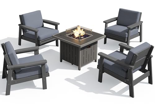 HDPE Patio Furniture Set with 33” Square Fire Pit Table (Grey/Grey)