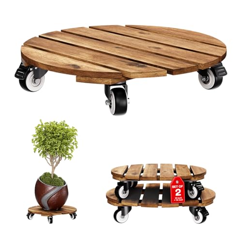 Combo 12 Inch and 14 Inch Acacia Wood Rolling Round Planter Caddies for Plant Pots (Round Wood Walnut / 12 + 14 Inch)