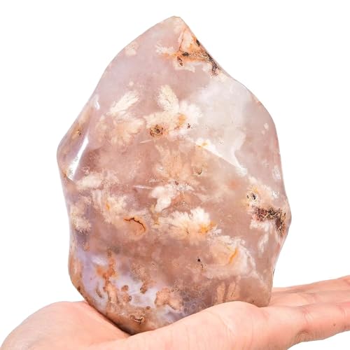 1.5 2.2LBS Cherry Blossom Agate Flame Shaped Stone Tower Flower Natural Healing Crystal Quartz Obelisk with Reiki Energy for Home Office Decoration (Cherry Blossom Agate / 1.5-2.2 Pound)