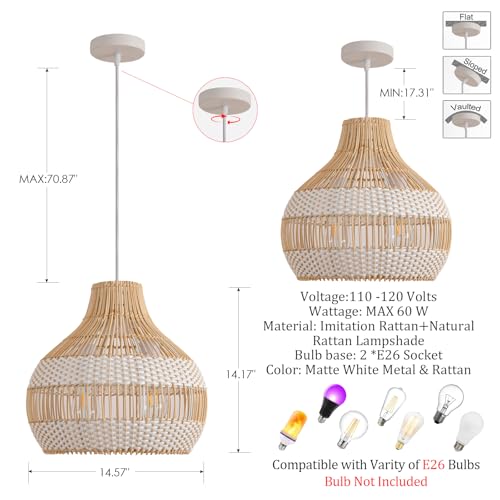 14.6" Rattan Pendant Light (White / 1-Pack 14.56 in)