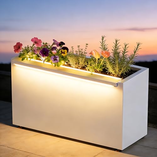 30" H Rectangular Metal Planter with Led Light for Indoor Outdoor White (White / 16.1"H×10"W×30"L)