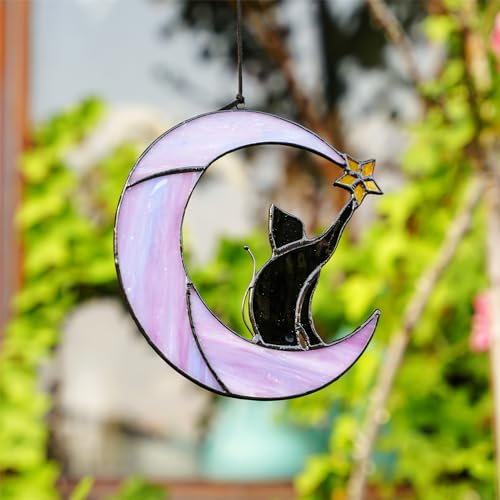 6.5'' Stained Glass Window Hanging Suncatcher (Black Cat With Moon)