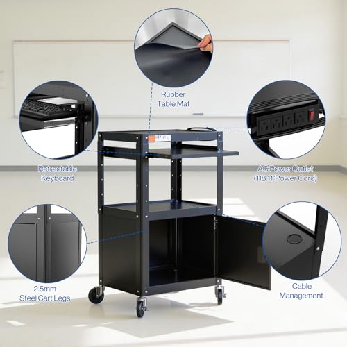 AV Cart Adjustable Height Rolling Computer Cart with Locking Cabinet (Large with Cabinet)