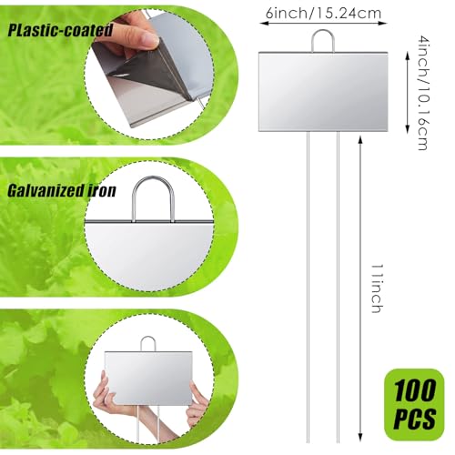 100 Pcs Large Plant Marker (4'' X 6'' with 11'' Stake / Silver)