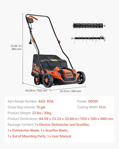 2-in-1 Electric Dethatcher and Scarifier, 13-Inch 13 Amp, Corded Lawn Dethatcher with 13-Gallon Thatch Collection Bag, 5-Position Depth Adjustment, Walk Behind Machine for Garden Yard Grass
