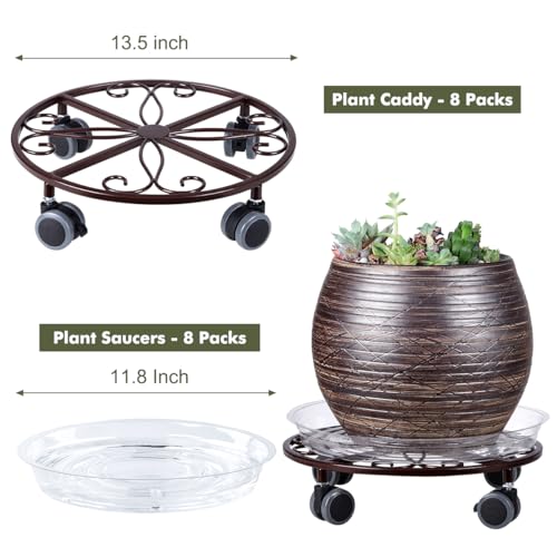 8 Pack Plant Caddy with Wheels & Saucers (Bronze)
