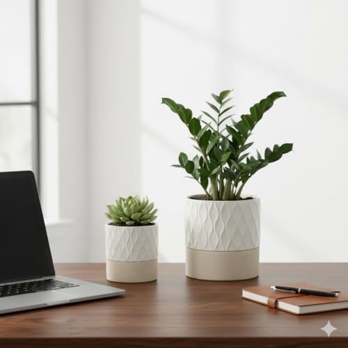 Ceramic Self Watering Plant Pot for Indoor Plants (Cream White & Brown Net / 6" Self Watering)
