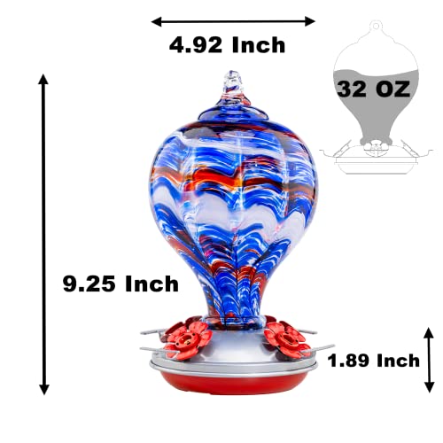 32OZ Hummingbird Feeders Blown Glass Hummingbird Feeder (Navy Blue)