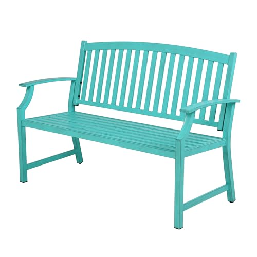 52" Farmhouse Outdoor Bench with Armrest (Turquoise Blue)