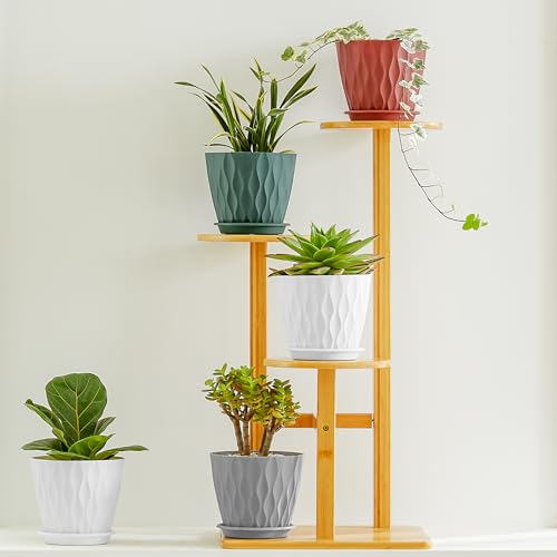 6-Pack 6-Inch Plastic Plant Pots with Saucers | Thickened PP Material, Modern Wave Texture, Enhanced Drainage for Indoor/Outdoor Garden Plants | White Value Set (White)