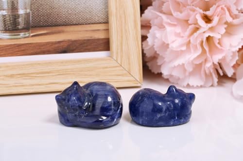 Sodalite Cat Healing Crystals Figurine Sleeping Cat Hand Carved Cute Statue Polished Stone Sculpture Reiki Office Room Bedroom Desk Home Decoration Gifts 1.6" (O-sodalite)