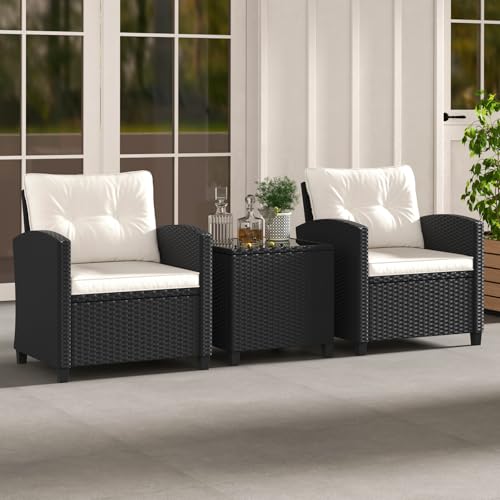 3 Pieces Wicker Patio Conversation Set (Black & Off White)