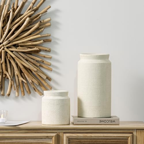 Ceramic Flower Vase 12 inch Farmhouse Rustic Vase for Home Decor Handcrafted Pottery Tall Terracotta Vases for Dining Table Decor Fireplace Living Room Bathroom Wedding Centerpiece (01-l-antique Off White)