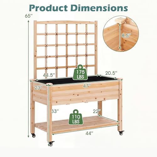 65'' Wooden Raised Garden Bed with Trellis & Legs (47” x 23” x 65”)