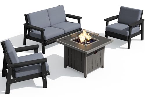 HDPE Patio Furniture Set with 33” Square Fire Pit Table (Black/Grey)