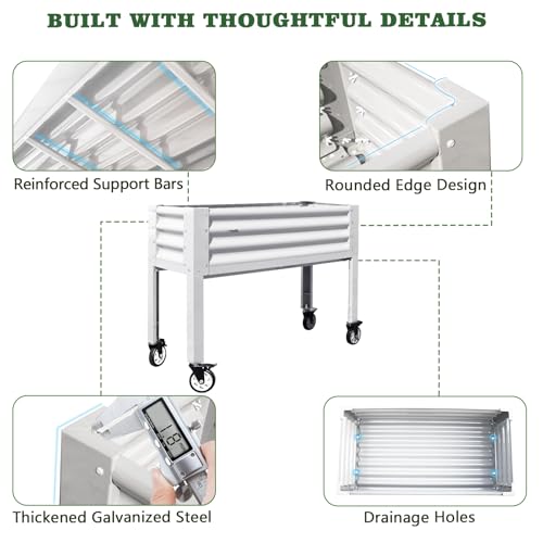 Anleolife Rolling Elevated Raised Garden Bed with Wheels (48x18x35 in / Antique White)