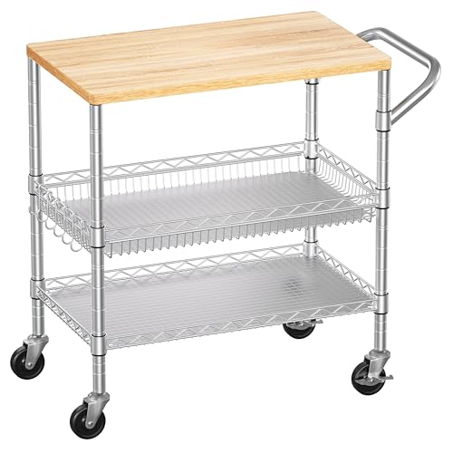 3 Tier Rolling Kitchen Carts with Wheels (Light Wood+metal-3 Tier)