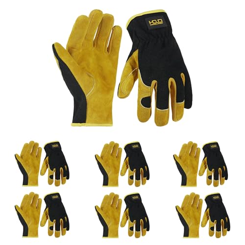 Men Leather Gardening Gloves (Yellow (6 Pairs) / Medium)