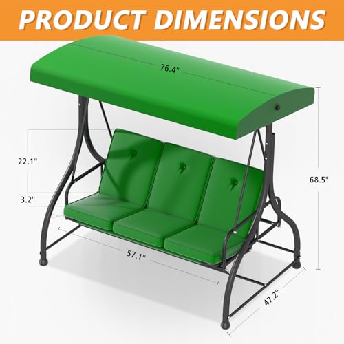 3 Seat Patio Porch Swing with Adjustable Canopy and Stand (Green / without cup holder)
